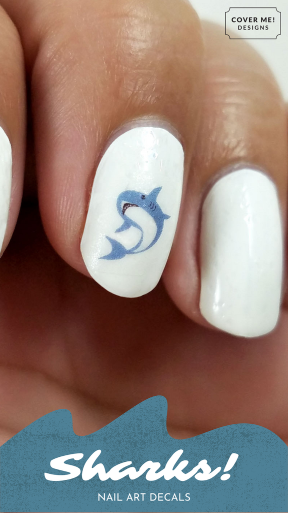 Great white shark nail sticker on white nail polish