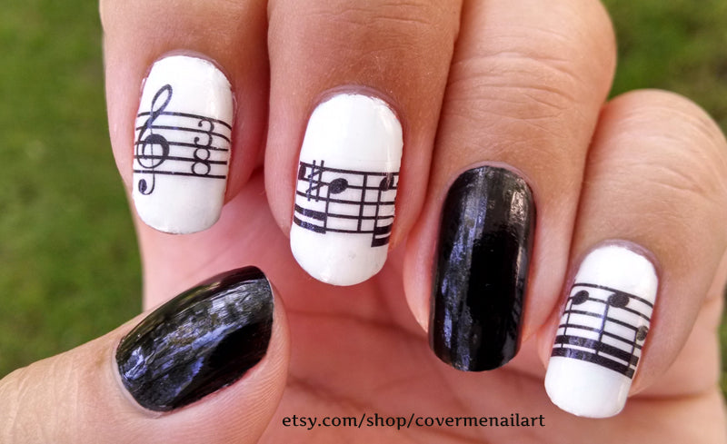 black and white sheet music nail art