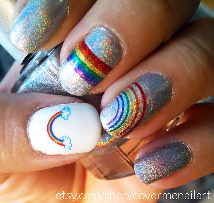 rainbow nail art on holographic glitter nail polish